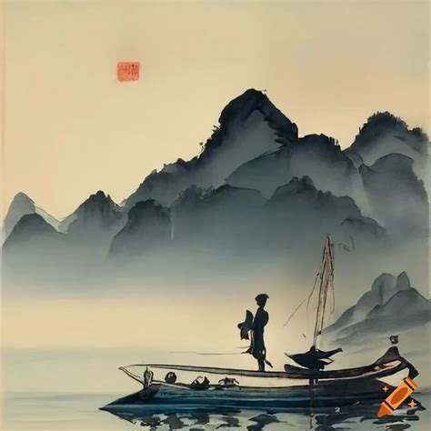 Chinese Ink Painting Of A Peaceful Mountain And Boat On A Lake On Craiyon