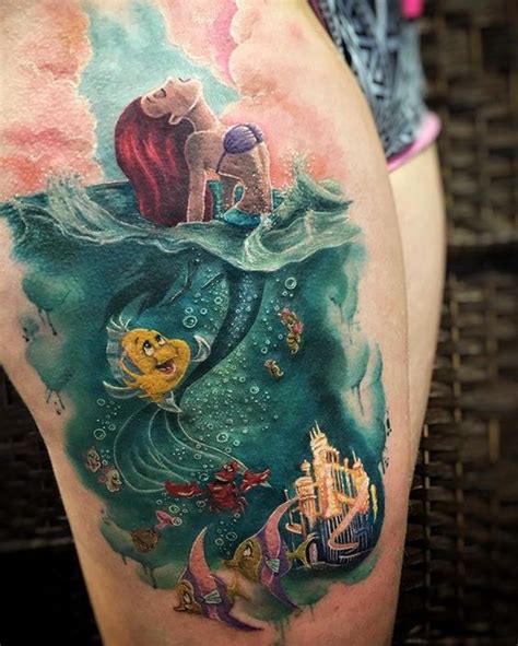 Picture Of Adorable Ariel And Flounder Leg Tattoo