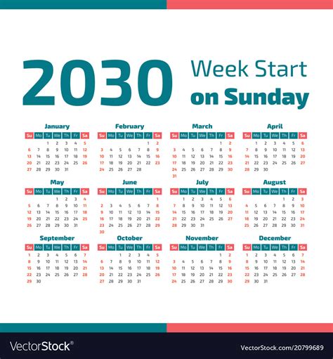 Simple 2030 Year Calendar Royalty Free Vector Image