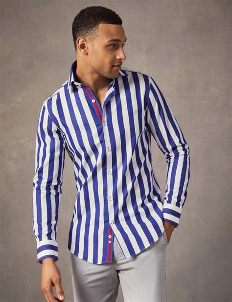 Mens Curtis Navy And White Bengal Stripe Slim Fit Shirt Single Cuff