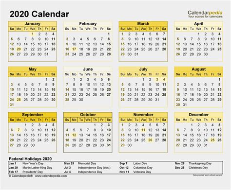 Full Year Federal Holidays 12 Month Free Printable 2020 Calendar With