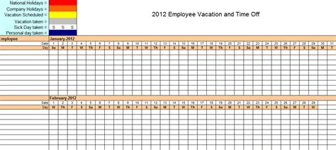 2012 Employee Vacation Tracking Calendar Template