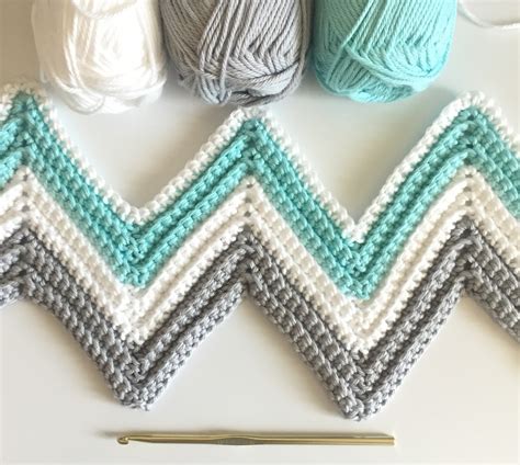 Daisy Farm Crafts Single Crochet Chevron Blanket In Mint Gray And White