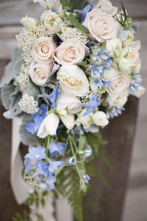 Ivory White And Baby Blue Cascade Wedding Bouquet Garden Roses Roses