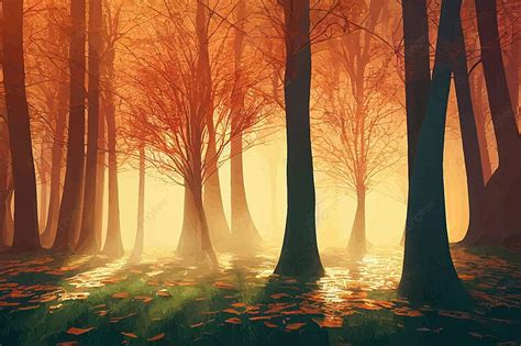 Enchanting Autumn Forest With Golden Sunset Glow Landscape Fall Tree