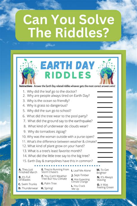 Printable Earth Day Fun Riddle Game Classroom Work Seniors Etsy In