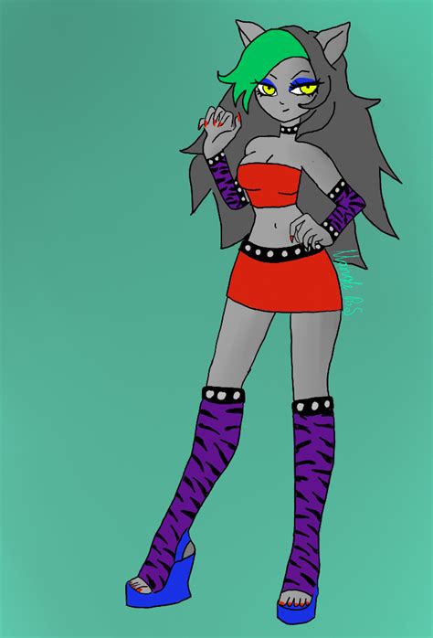 a drawing of a woman with green hair and cat ears on her head wearing purple socks