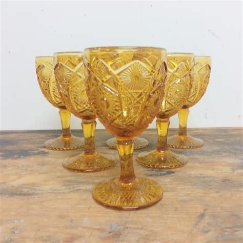 6 Amber Water Glass Goblets Daisy And Button By Imperial Glass Heavy Pressed Patterned Glass