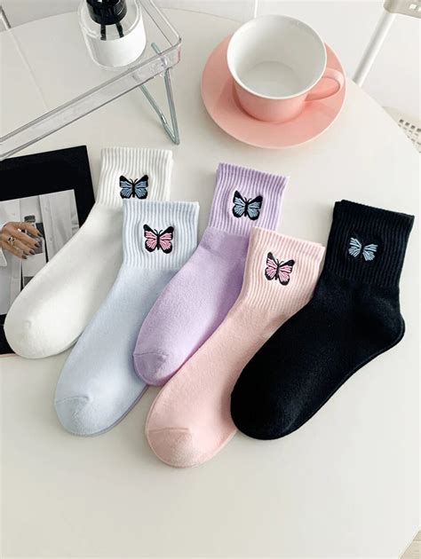 5 pares Calcetines de tripulación con bordado de mariposa Moda de