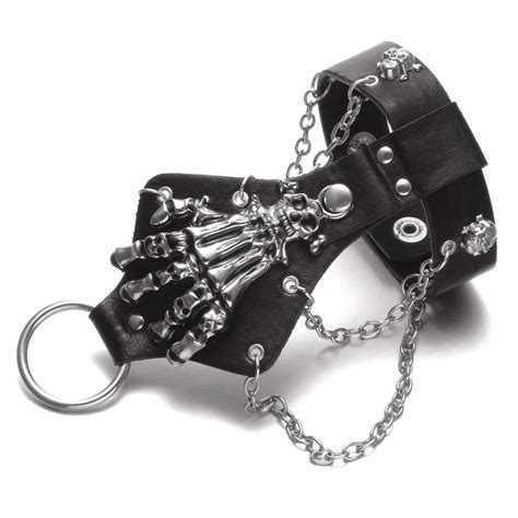 punk style black leather bracelet and bangle skeleton hand link chain inlay punk jewelry for man
