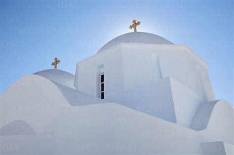 Sun Light Aura Behind Cross On White Church Amorgos Chora Amorgos