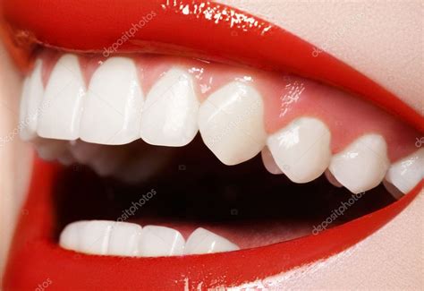 Close Up Happy Female Smile With Healthy White Teeth Red Gloss Lips