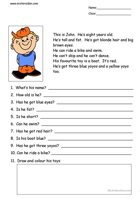 This Is John Simple Reading Comprehension English Esl Worksheets