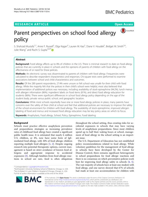 Pdf Parent Perspectives On School Food Allergy Policy