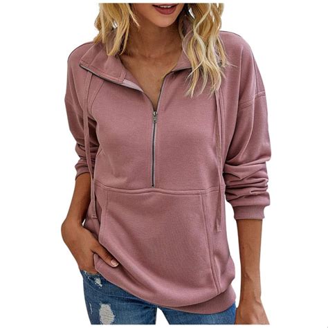 V Collar Zipper Sweatshirts Women Warm Long Sleeve Tops Ladies Pocket