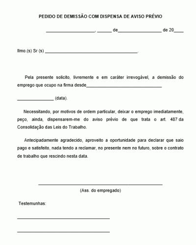 Pedido Padrão Para Demissão Com Dispensa De Aviso Prévio