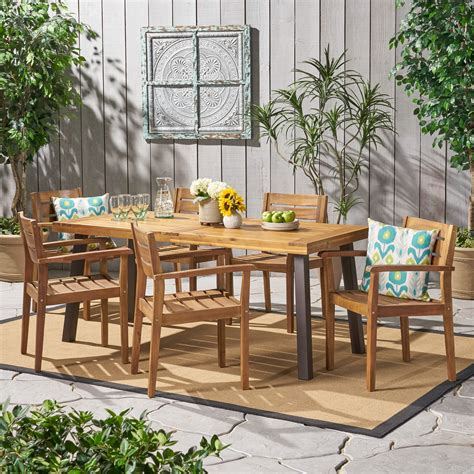 Emelie Outdoor 7 Piece Acacia Wood Dining Set With Rustic Metal Accents