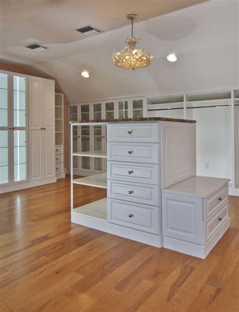 Master Closet White With Island Wbench Lighting And Custom Angles