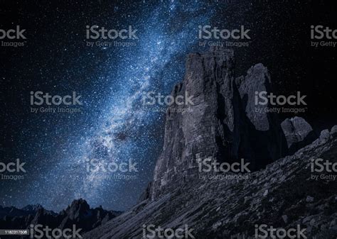 Milky Way Over Tre Cime At Night Dolomites Stock Photo Download Image