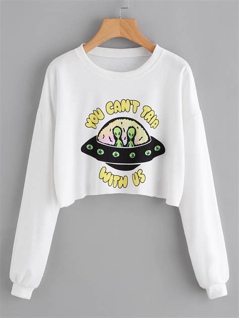 Alien Print Crop Sweatshirt Aesthetic Shirts Alien Clothes