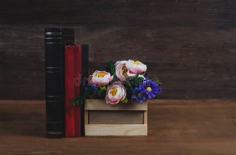 Still Life Text Book With Flower Bouquet On Wood Table Background Stock