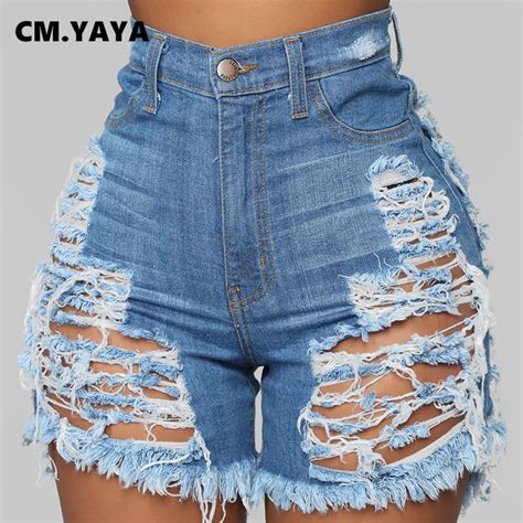 Cmyaya Women Hole Hollow Out Streetwear Shorts Jeans Fashion Washed Zipper Fly Denim Shorts S