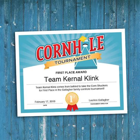 Download Printable Tournament Champion Certificate Template Cornhole Customizable Certificate