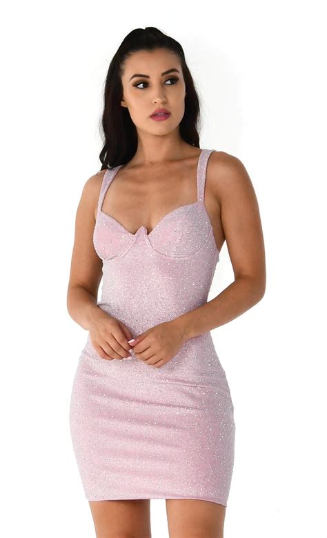 It S Happening Pink Rhinestone Stretchy Lurex Sleeveless Sweetheart Bustier V Neck Bodycon Mini