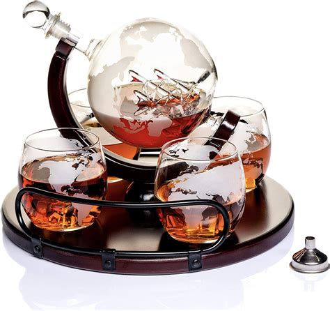 whiskey decanter etched globe t set 4 glasses with newest wood stand and handles perfect