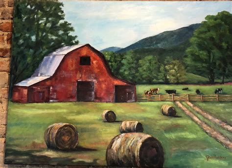 Red Barn And Hay Bales Landscape Painting Tutorial Farm Paintings