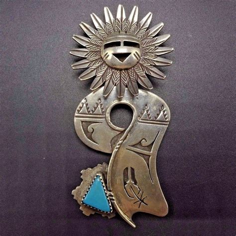 Signed Vintage Navajo Sterling Silver Turquoise Sun Face Kachina Pin