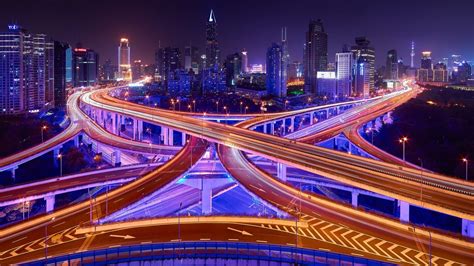 Architecture Bridge Shanghai China City Cityscape Night Lights