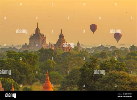 Bagan City Downtown Skyline Cityscape Of Myanmar At Sunset Stock Photo