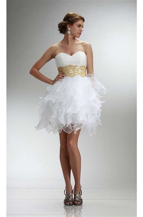 Stunning Strapless Short White Organza Ruffle Gold Beaded Cocktail Prom