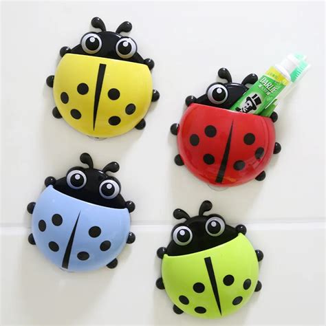 4 Colors Cute Ladybug Cartoon Sucker Toothbrush Holder Suction Hooks Household Items