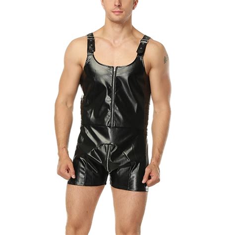 Pu Leather Men Sexy Bondage Bodysuit Faux Latex Male Erotic Jumpsuit
