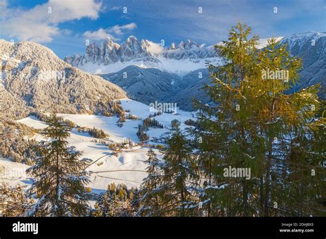 Winter Snow St Magdalena Village Geisler Spitzen Val Di Funes