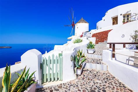 Oia Santorini White City Windmill Greece Stock Image Image Of