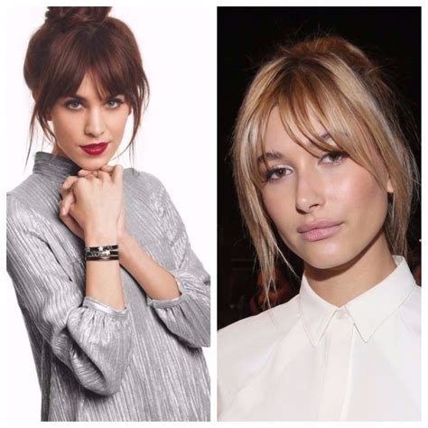 The hair is parted down the middle or slightly off center. up-hair-style-with-curtain-bangs | Brown hair bangs ...
