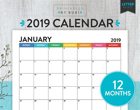 Printable Monthly Calendar 2019 Calendar Printable 2019 Wall Etsy