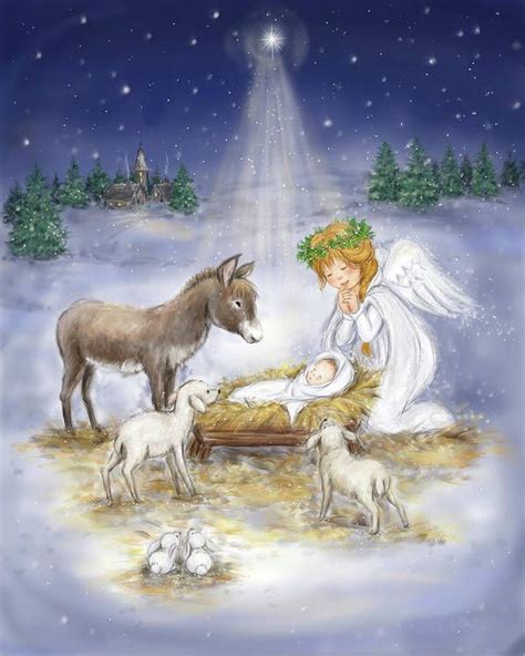 Nativity With Angel Art Print By Makiko In 2022 Nativity Painting