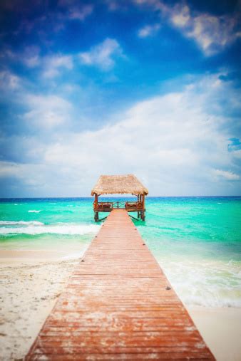 Tropical Beach With Jetty Mexico Riviera Maya Stock Photo Download