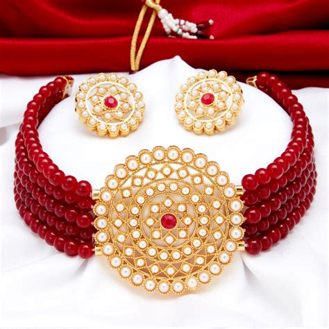 Sukkhi Sparkling Gold Plated Maroon Pearl Choker Necklace Set For Women
