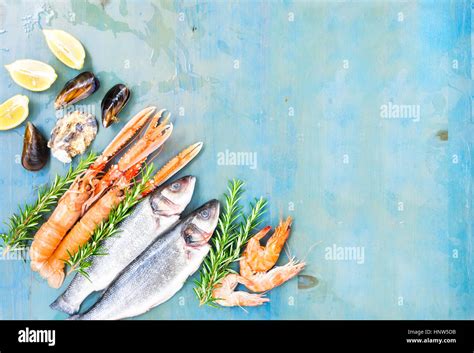 Fresh Seafood On Blue Background Stock Photo Royalty Free Image