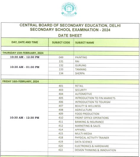 Cbse Class Date Sheet Download Pdf At Cbse Gov In
