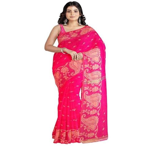 Angoshobha Free Size Women Pink Woven Design Cotton Traditional Saree