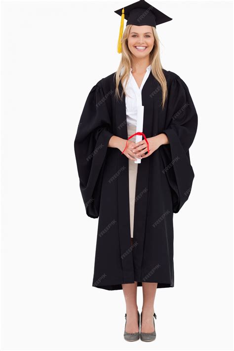 Premium Photo Smiling Blonde Student In Graduate Robe