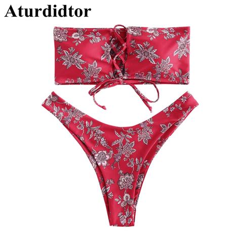 sexy lace bikini set 2018 red floral off shoulder swimsuit bandage push up padded bra lace up