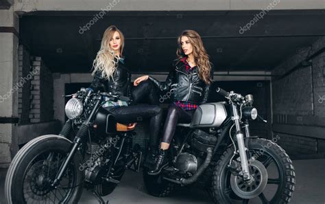 Bikers Women In Leather Jackets With Motorcycles Stock Photo By ©johan