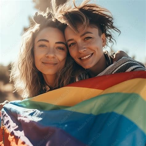 Beautiful Young Lesbian Girls Holding A Lgbt Rainbow Flag Concept Of Lgbt Love Shallow Field
